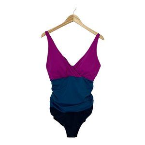 Boden Talamanca Color Block Swimsuit Women's 14R Ruched V-Neck One piece